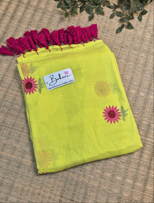 Mohini | Lemon Glow Mul Mul Cotton Saree with Flower Motif