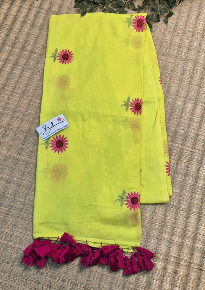 Mohini | Lemon Glow Mul Mul Cotton Saree with Flower Motif