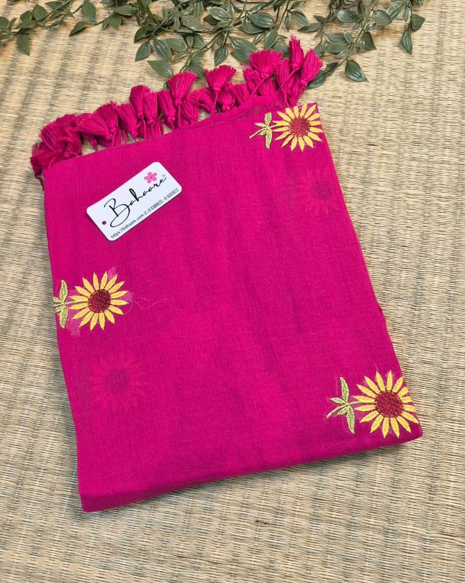 Mohini | Rani Pink Mul Mul Cotton Saree with Flower Motif