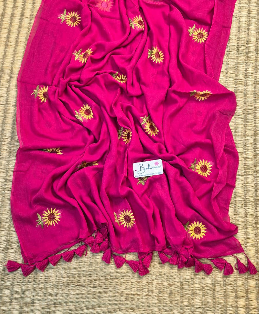 Mohini | Rani Pink Mul Mul Cotton Saree with Flower Motif