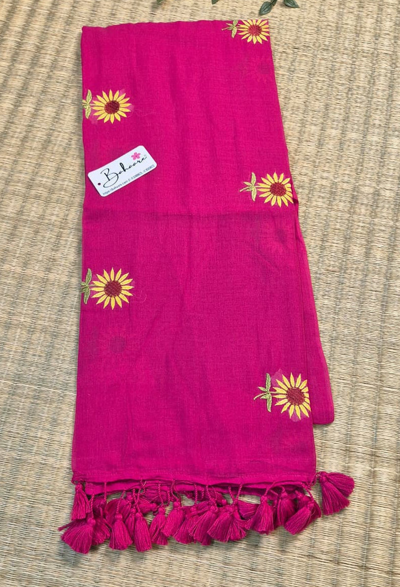 Mohini | Rani Pink Mul Mul Cotton Saree with Flower Motif