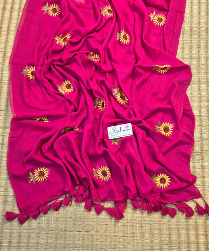 Mohini | Rani Pink Mul Mul Cotton Saree with Flower Motif