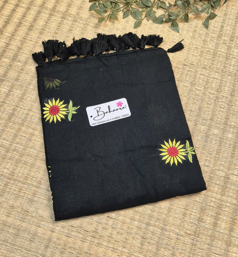 Mohini | Zed Black Mul Mul Cotton Saree with Flower Motif