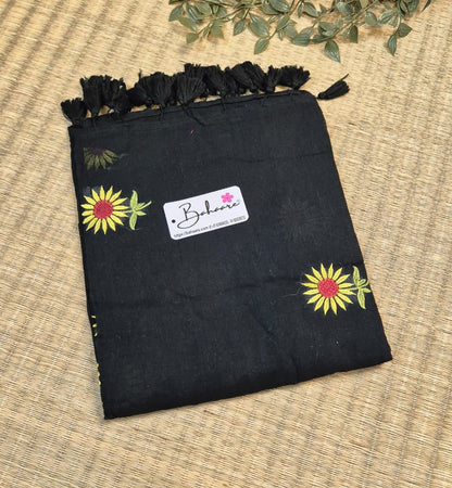Mohini | Zed Black Mul Mul Cotton Saree with Flower Motif