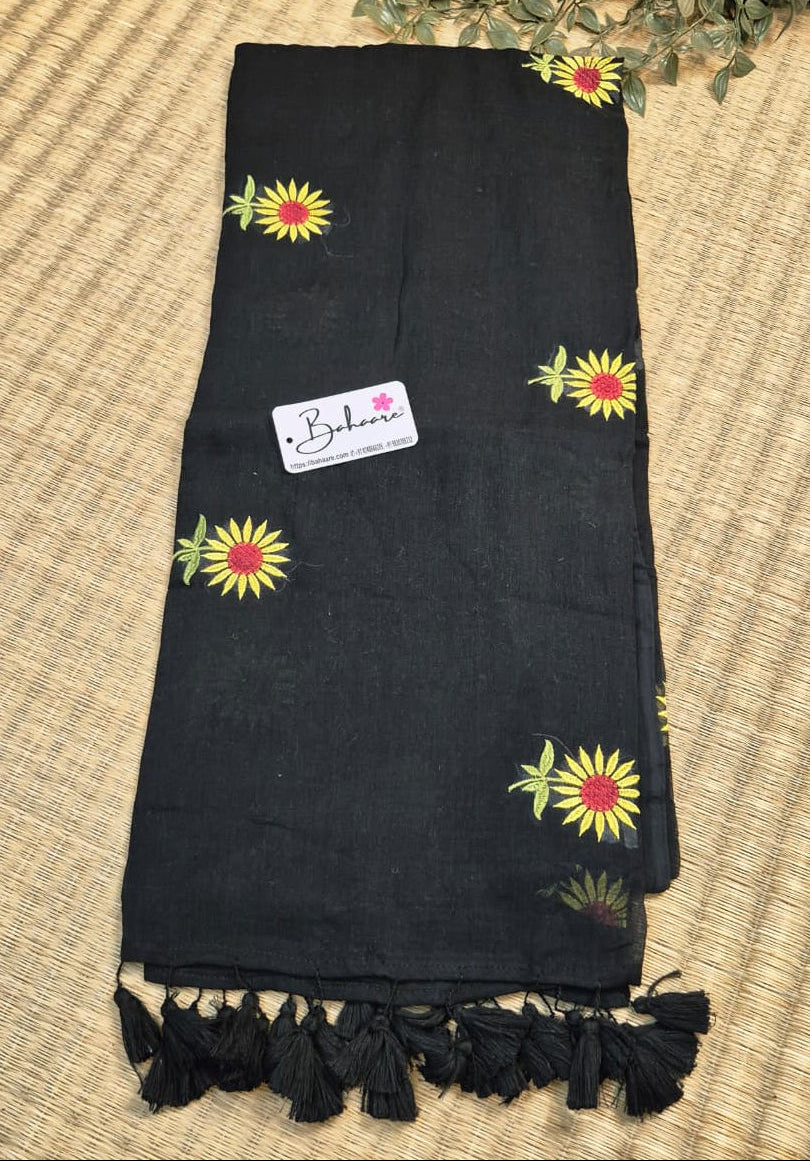 Mohini | Zed Black Mul Mul Cotton Saree with Flower Motif