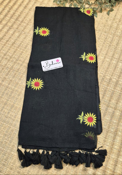 Mohini | Zed Black Mul Mul Cotton Saree with Flower Motif