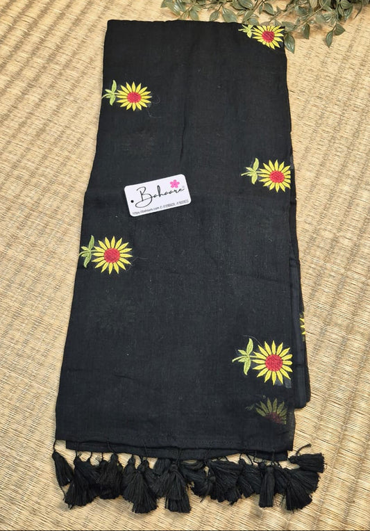 Mohini | Zed Black Mul Mul Cotton Saree with Flower Motif