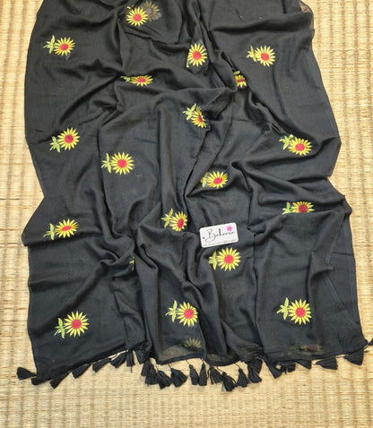Mohini | Zed Black Mul Mul Cotton Saree with Flower Motif