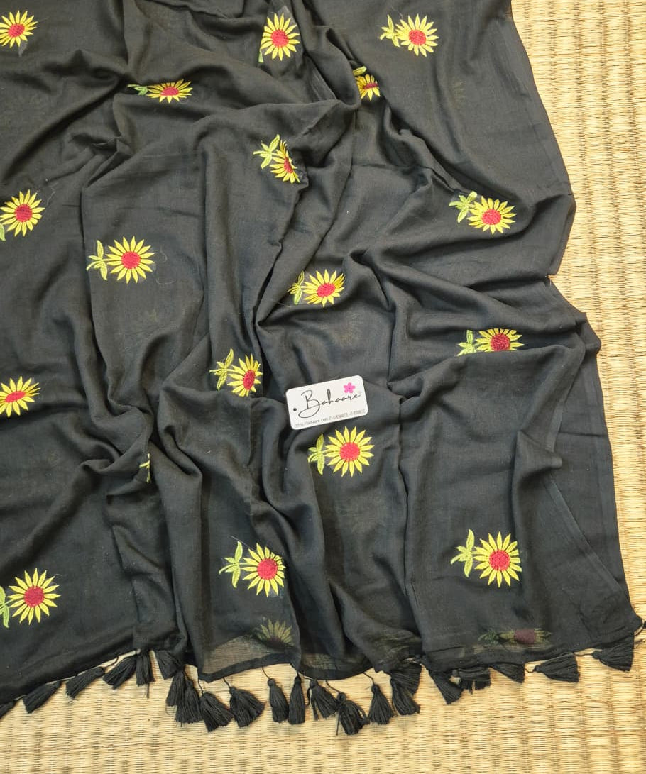 Mohini | Zed Black Mul Mul Cotton Saree with Flower Motif