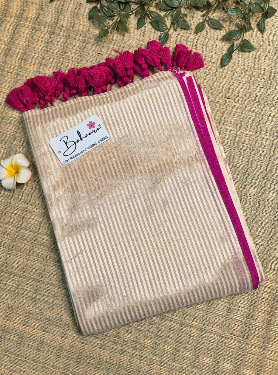 Megha | Iris Cream Tissue Saree with Magenta Border