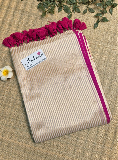 Megha | Iris Cream Tissue Saree with Magenta Border