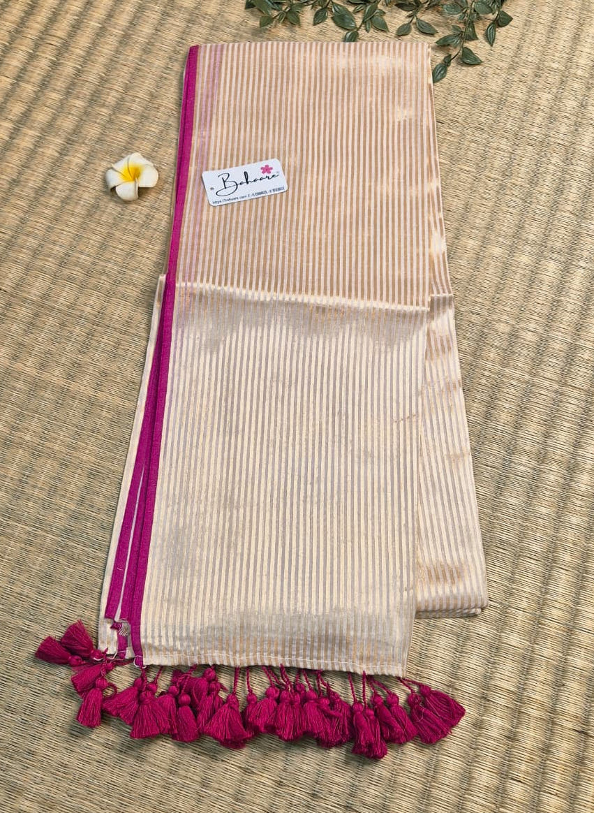 Megha | Iris Cream Tissue Saree with Magenta Border
