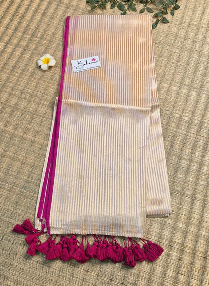 Megha | Iris Cream Tissue Saree with Magenta Border
