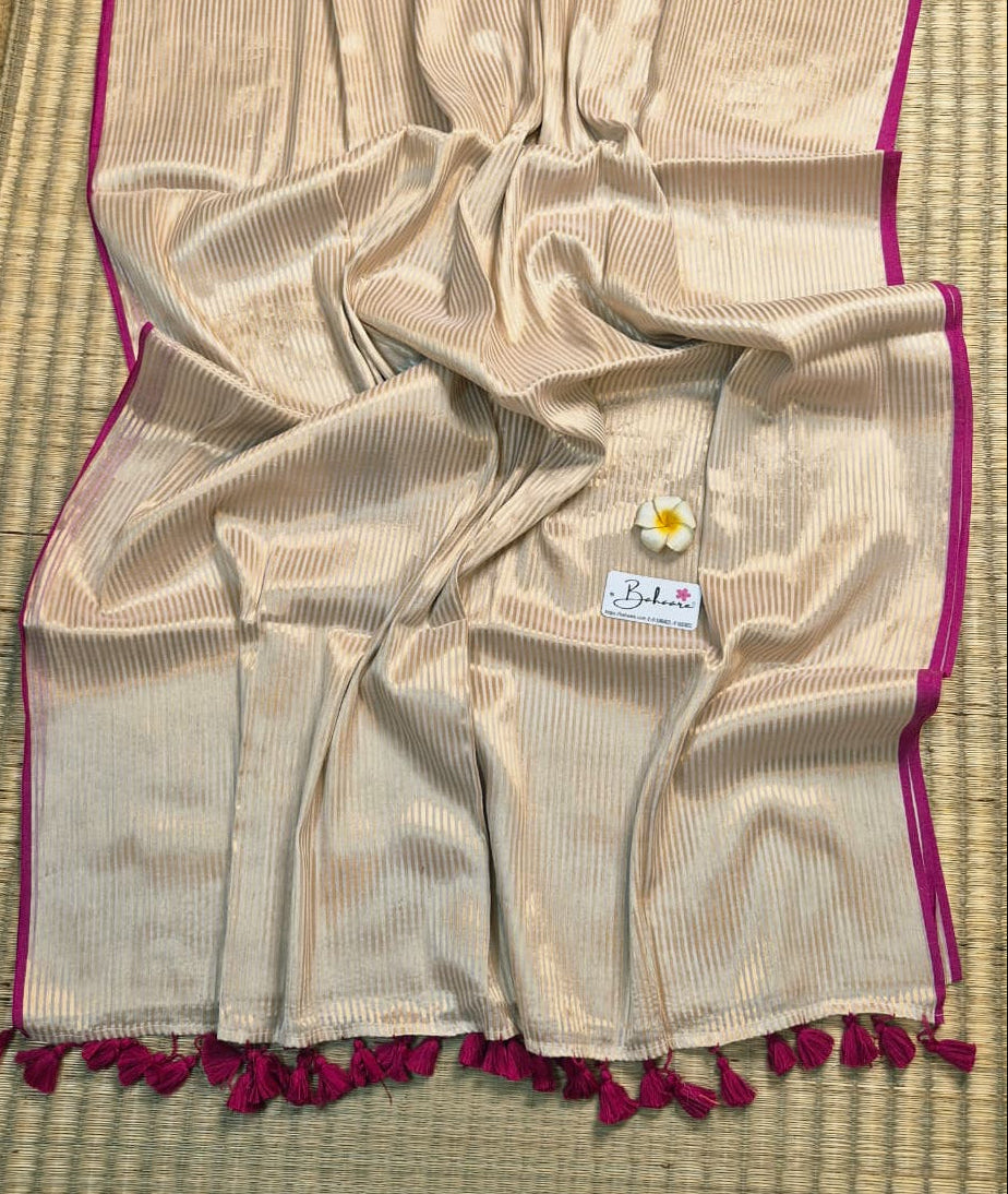 Megha | Iris Cream Tissue Saree with Magenta Border