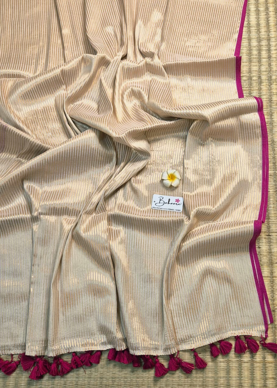 Megha | Iris Cream Tissue Saree with Magenta Border