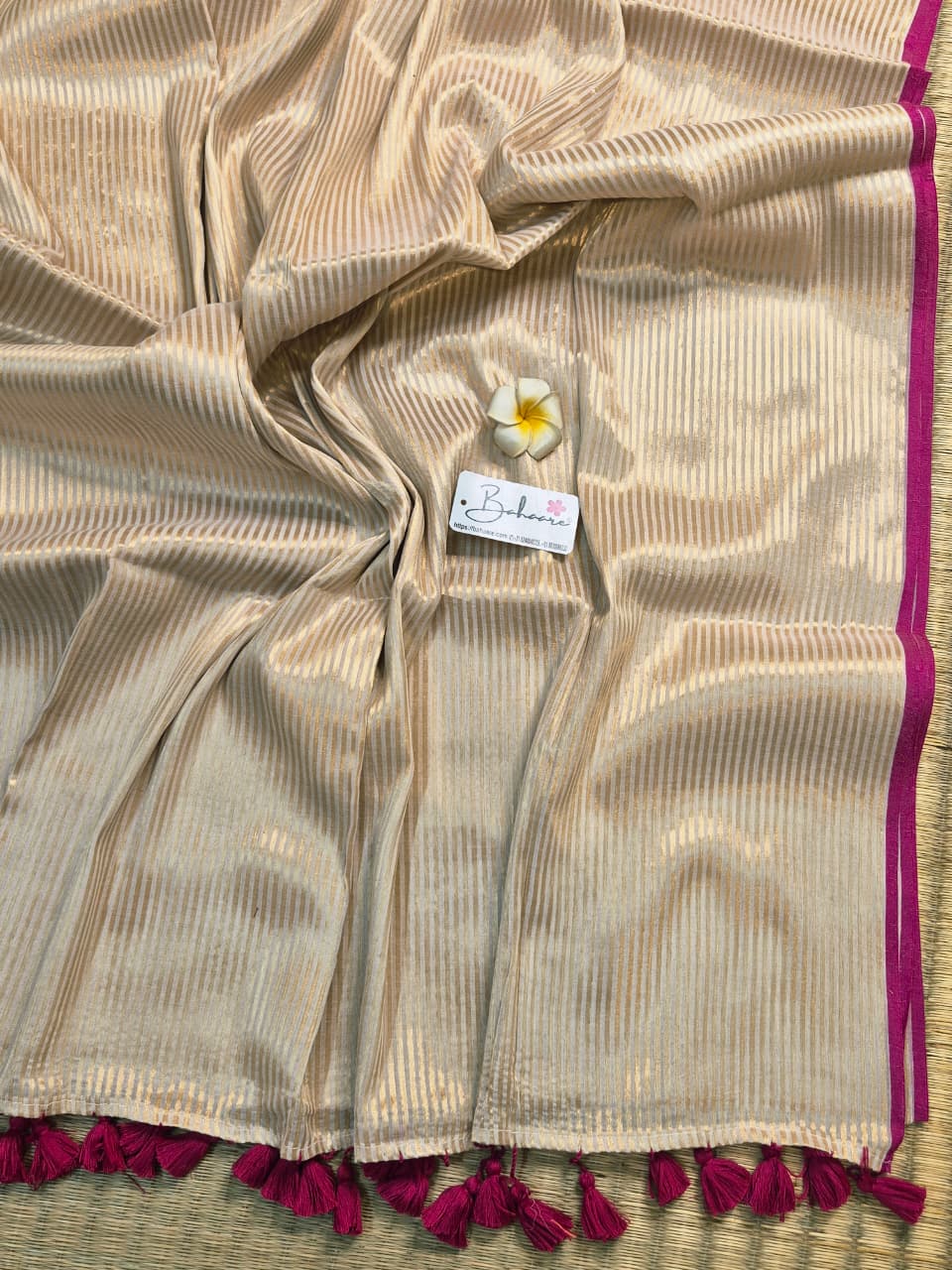 Megha | Iris Cream Tissue Saree with Magenta Border