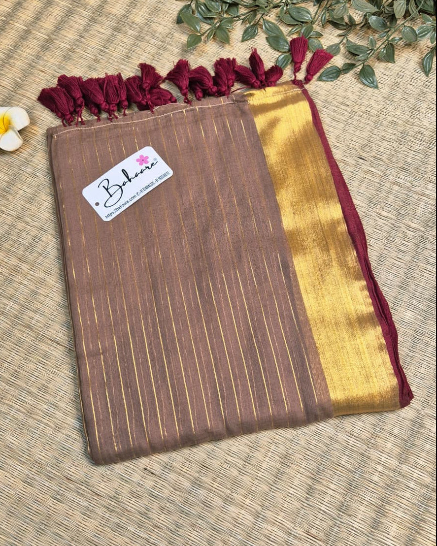 Noor | Mocha Brown Mul Mul Cotton Saree with Golden Zari Border