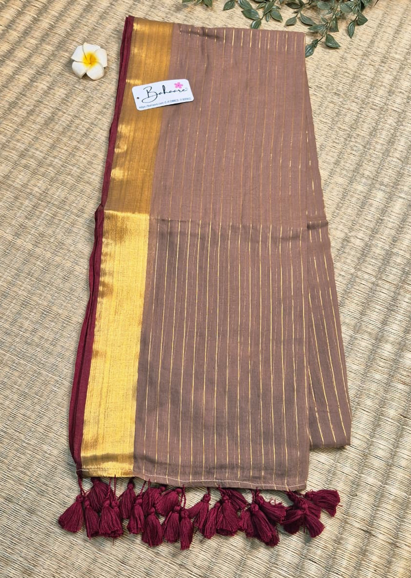 Noor | Mocha Brown Mul Mul Cotton Saree with Golden Zari Border
