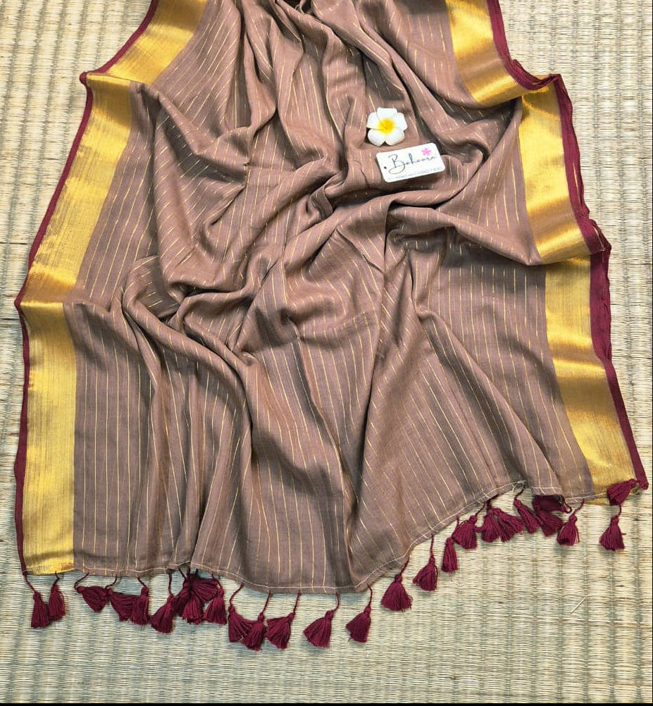 Noor | Mocha Brown Mul Mul Cotton Saree with Golden Zari Border