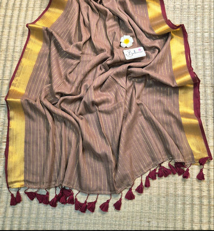 Noor | Mocha Brown Mul Mul Cotton Saree with Golden Zari Border