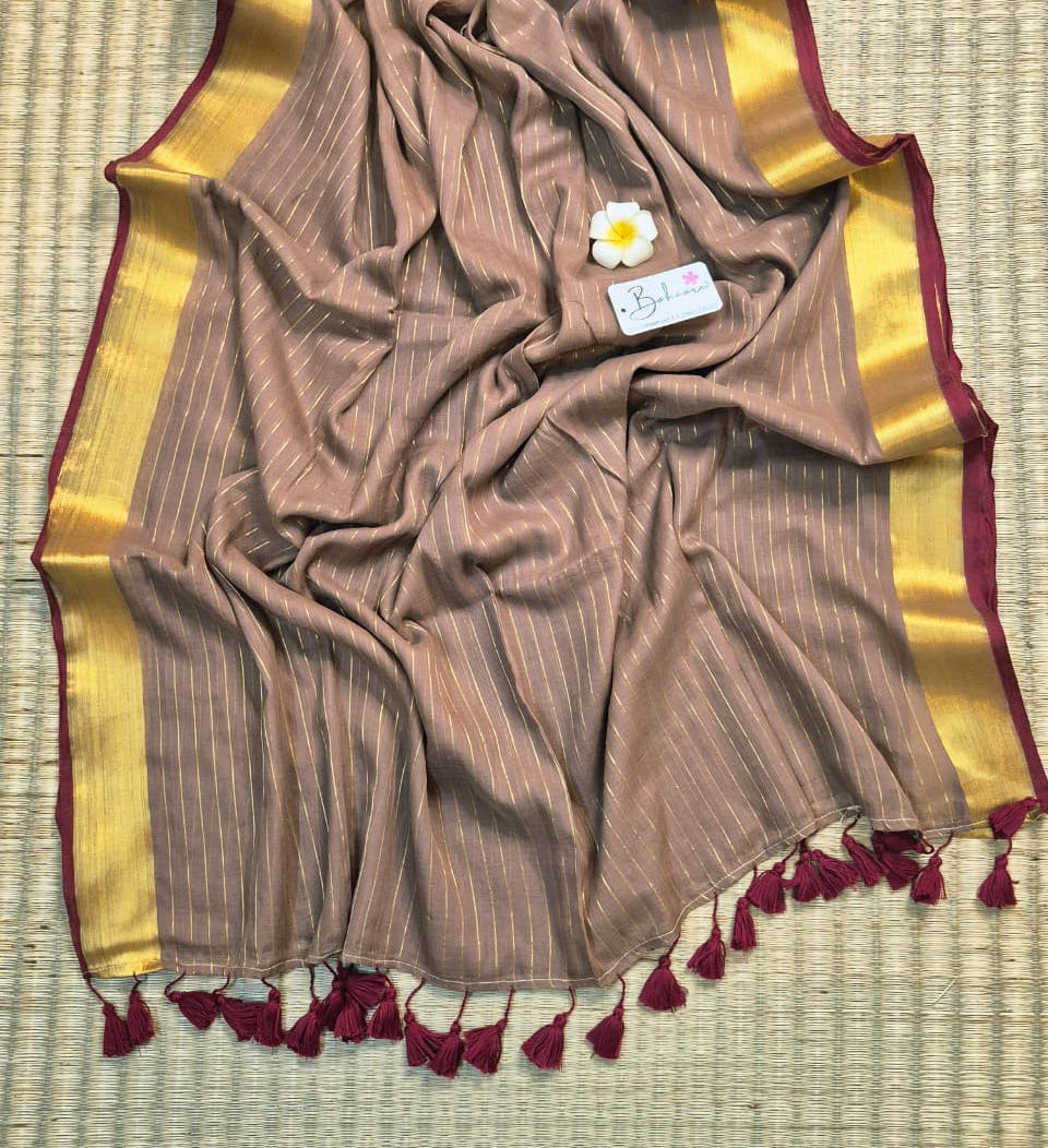 Noor | Mocha Brown Mul Mul Cotton Saree with Golden Zari Border