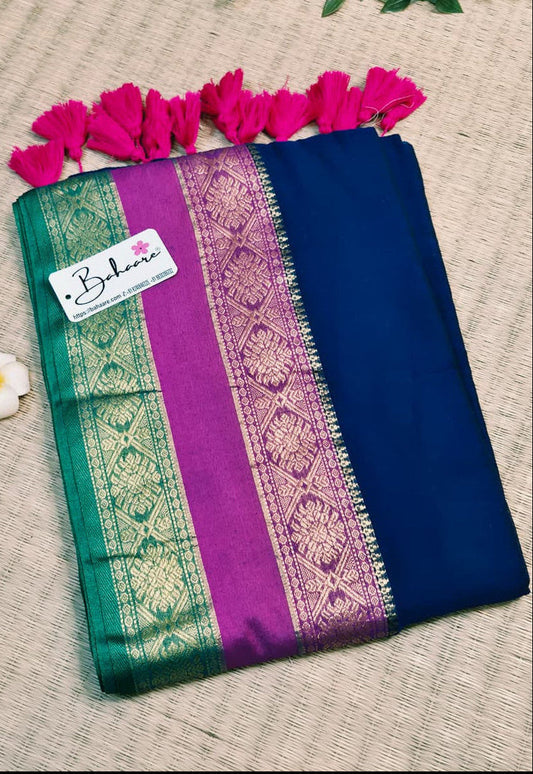 Noor | Navy Blue Mul Mul Cotton Saree with Zari Border