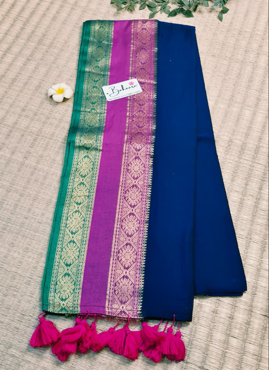 Noor | Navy Blue Mul Mul Cotton Saree with Zari Border