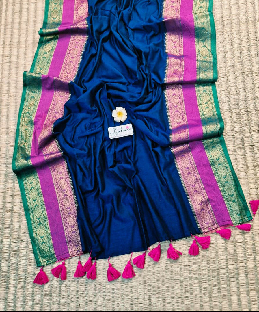 Noor | Navy Blue Mul Mul Cotton Saree with Zari Border