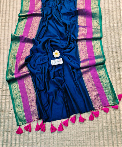 Noor | Navy Blue Mul Mul Cotton Saree with Zari Border