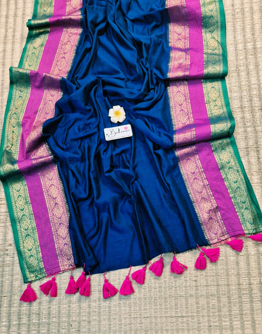 Noor | Navy Blue Mul Mul Cotton Saree with Zari Border