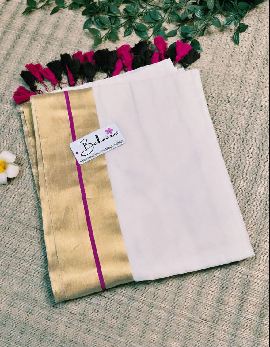 Noor | Vanilla Cream  Mul Mul Cotton Saree with Golden Zari Border