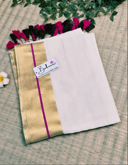 Noor | Vanilla Cream  Mul Mul Cotton Saree with Golden Zari Border