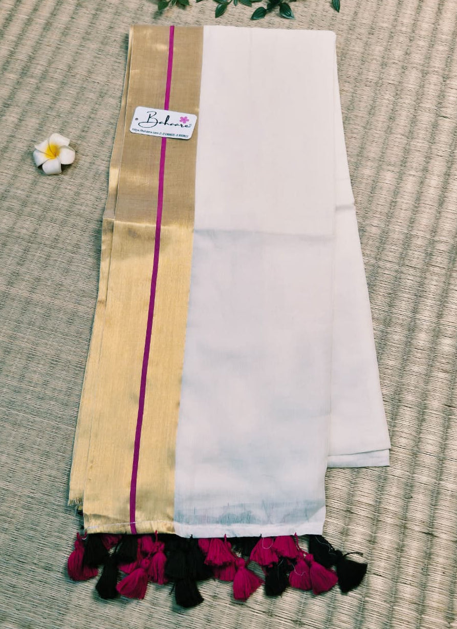 Noor | Vanilla Cream  Mul Mul Cotton Saree with Golden Zari Border