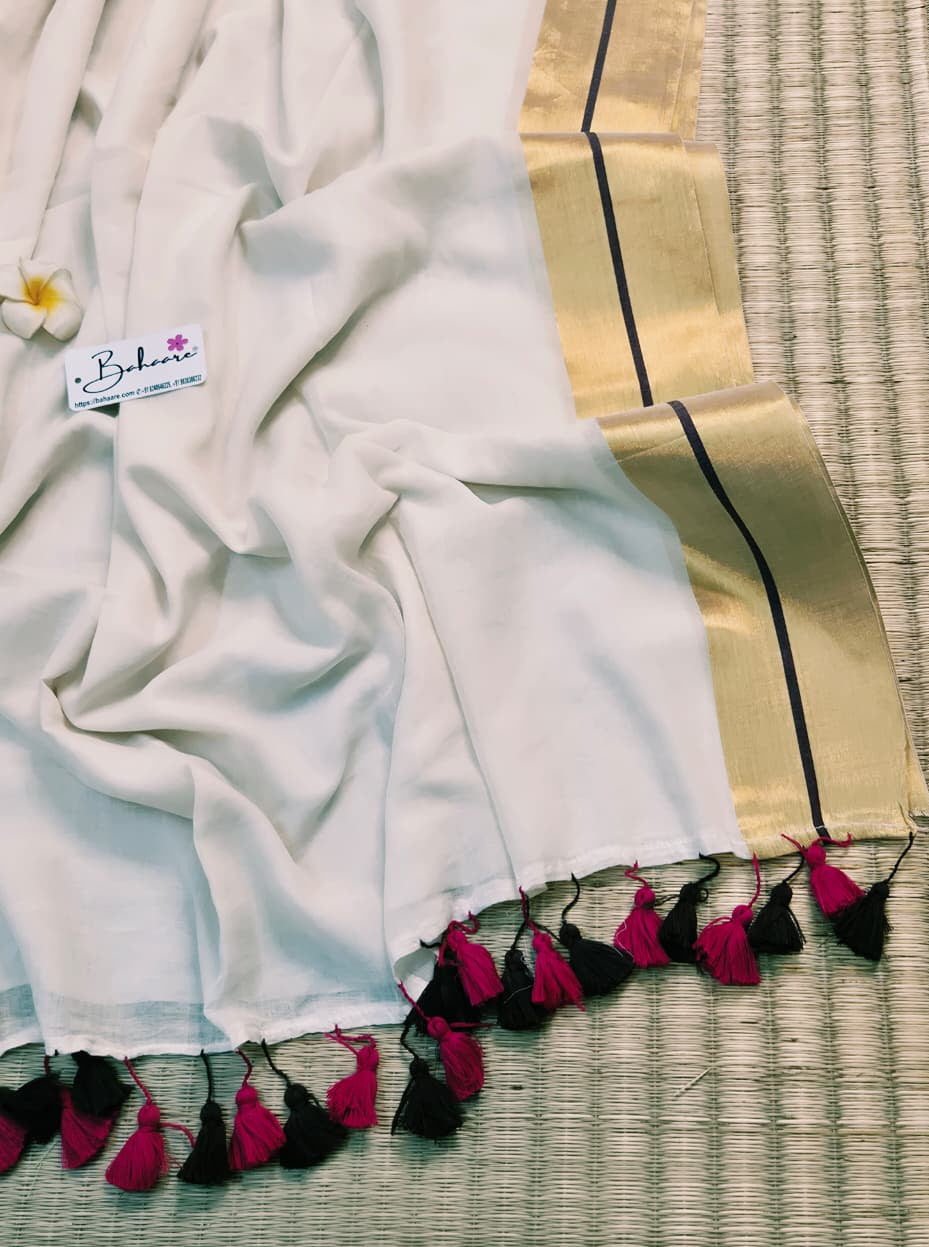 Noor | Vanilla Cream  Mul Mul Cotton Saree with Golden Zari Border