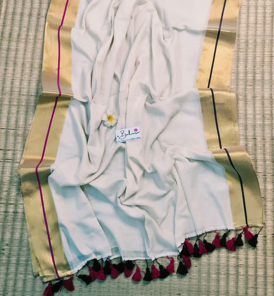 Noor | Vanilla Cream  Mul Mul Cotton Saree with Golden Zari Border