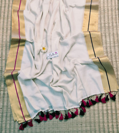 Noor | Vanilla Cream  Mul Mul Cotton Saree with Golden Zari Border
