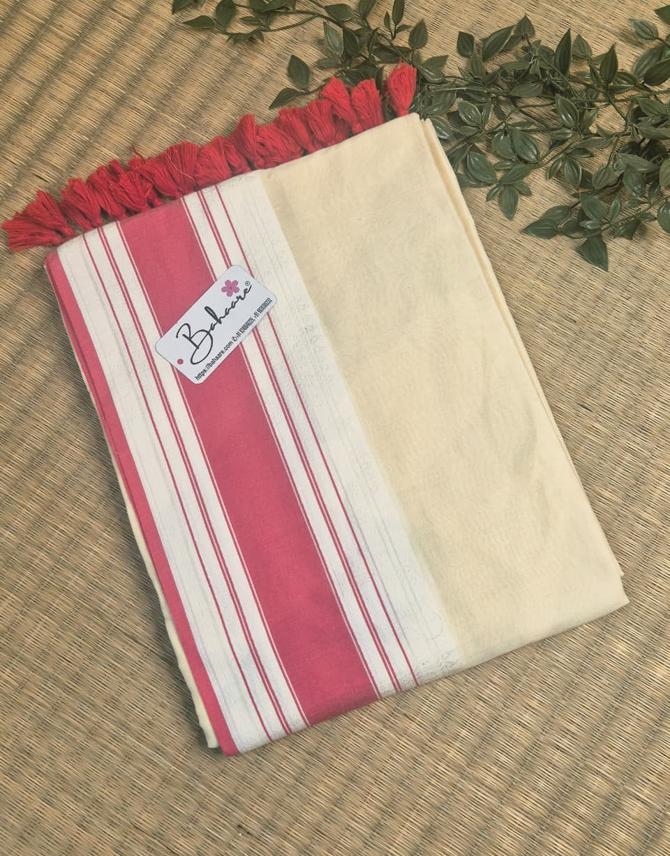 Cotton Galleria | Pearl White Handwoven Premium Cotton Saree with Red Border
