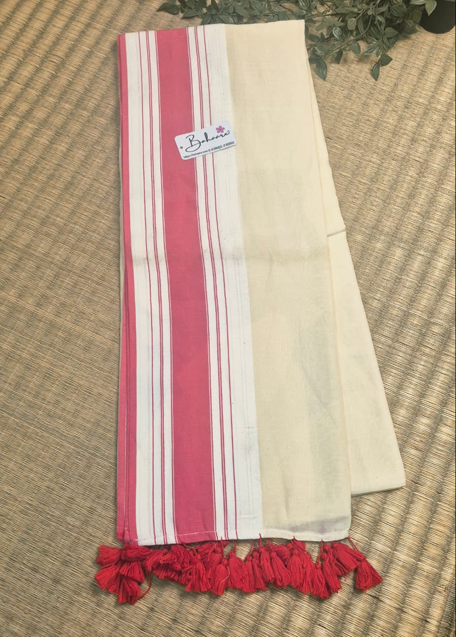 Cotton Galleria | Pearl White Handwoven Premium Cotton Saree with Red Border