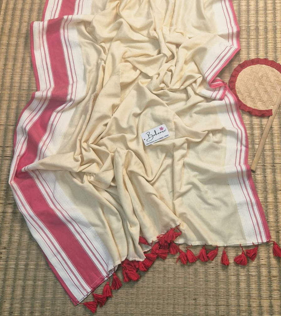 Cotton Galleria | Pearl White Handwoven Premium Cotton Saree with Red Border