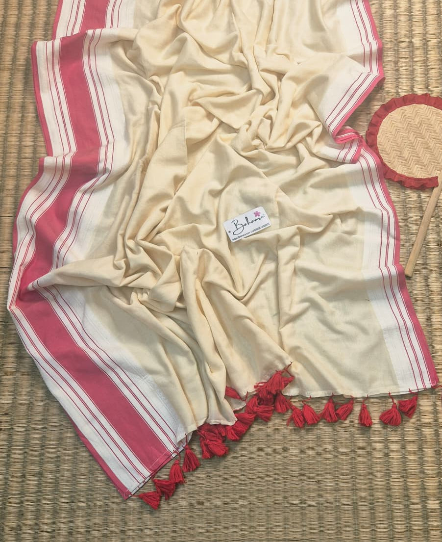 Cotton Galleria | Pearl White Handwoven Premium Cotton Saree with Red Border