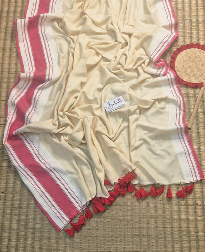 Cotton Galleria | Pearl White Handwoven Premium Cotton Saree with Red Border