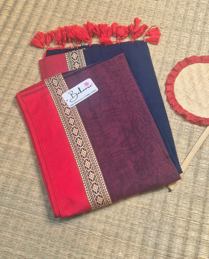 Cotton Galleria | Midnight Blue Handwoven Premium Cotton Saree with Red Border