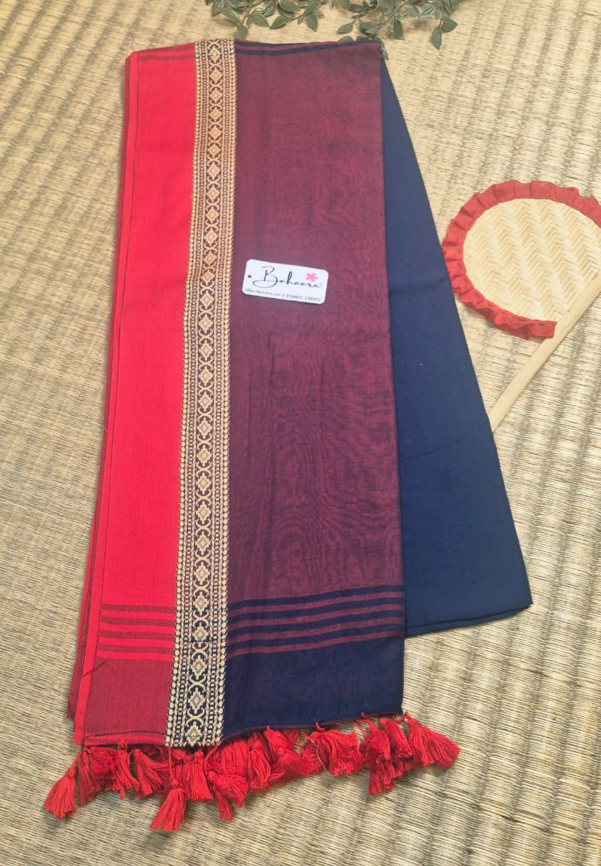 Cotton Galleria | Midnight Blue Handwoven Premium Cotton Saree with Red Border