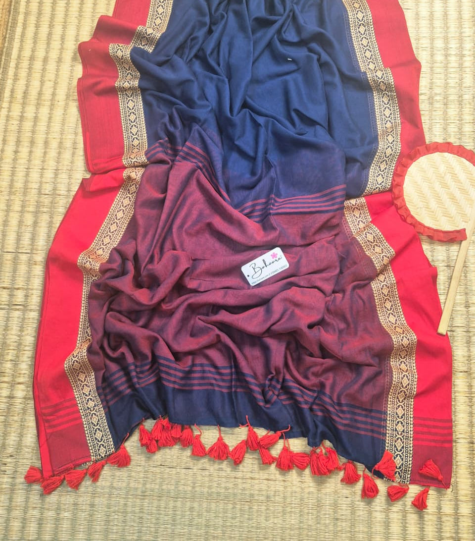 Cotton Galleria | Midnight Blue Handwoven Premium Cotton Saree with Red Border