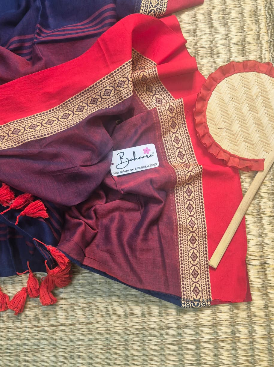 Cotton Galleria | Midnight Blue Handwoven Premium Cotton Saree with Red Border