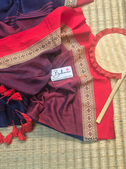 Cotton Galleria | Midnight Blue Handwoven Premium Cotton Saree with Red Border
