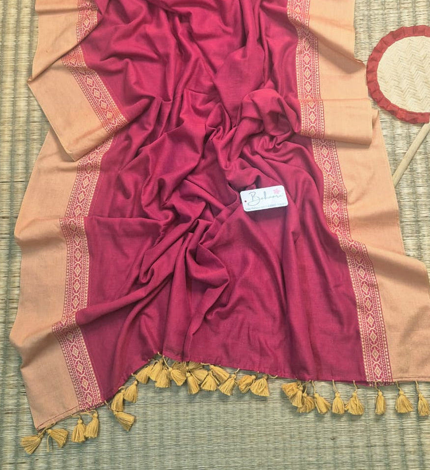 Cotton Galleria | Dusky Pink Handwoven Premium Cotton Saree with Beige Border