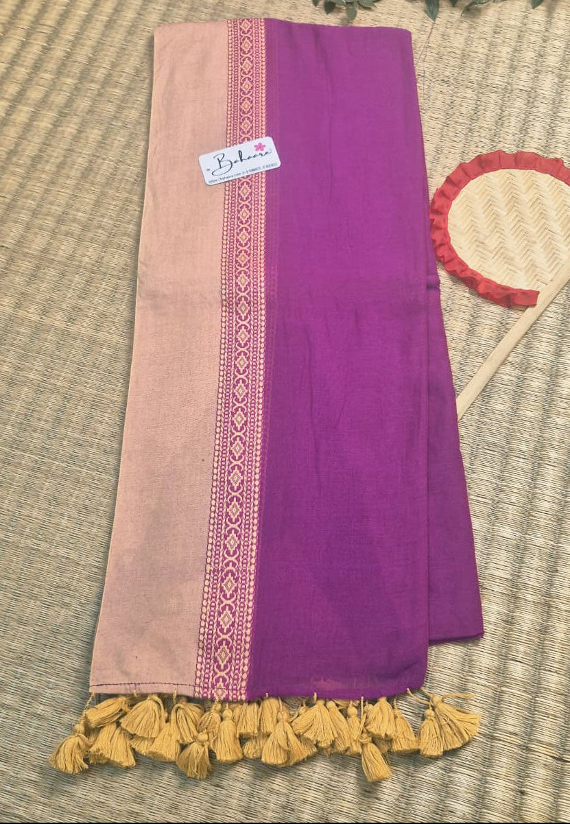Cotton Galleria | Orchid Purple Handwoven Premium Cotton Saree with Beige Border