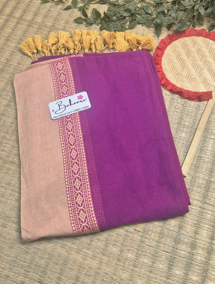 Cotton Galleria | Orchid Purple Handwoven Premium Cotton Saree with Beige Border