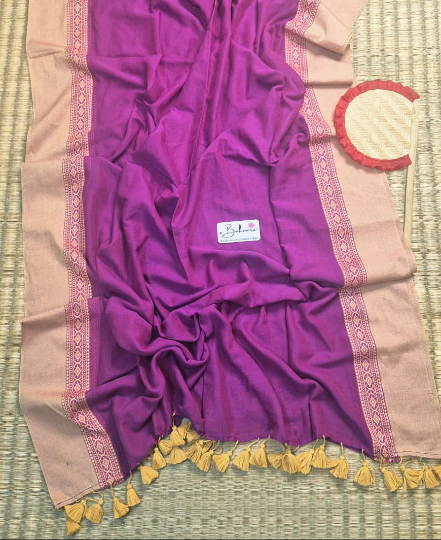 Cotton Galleria | Orchid Purple Handwoven Premium Cotton Saree with Beige Border